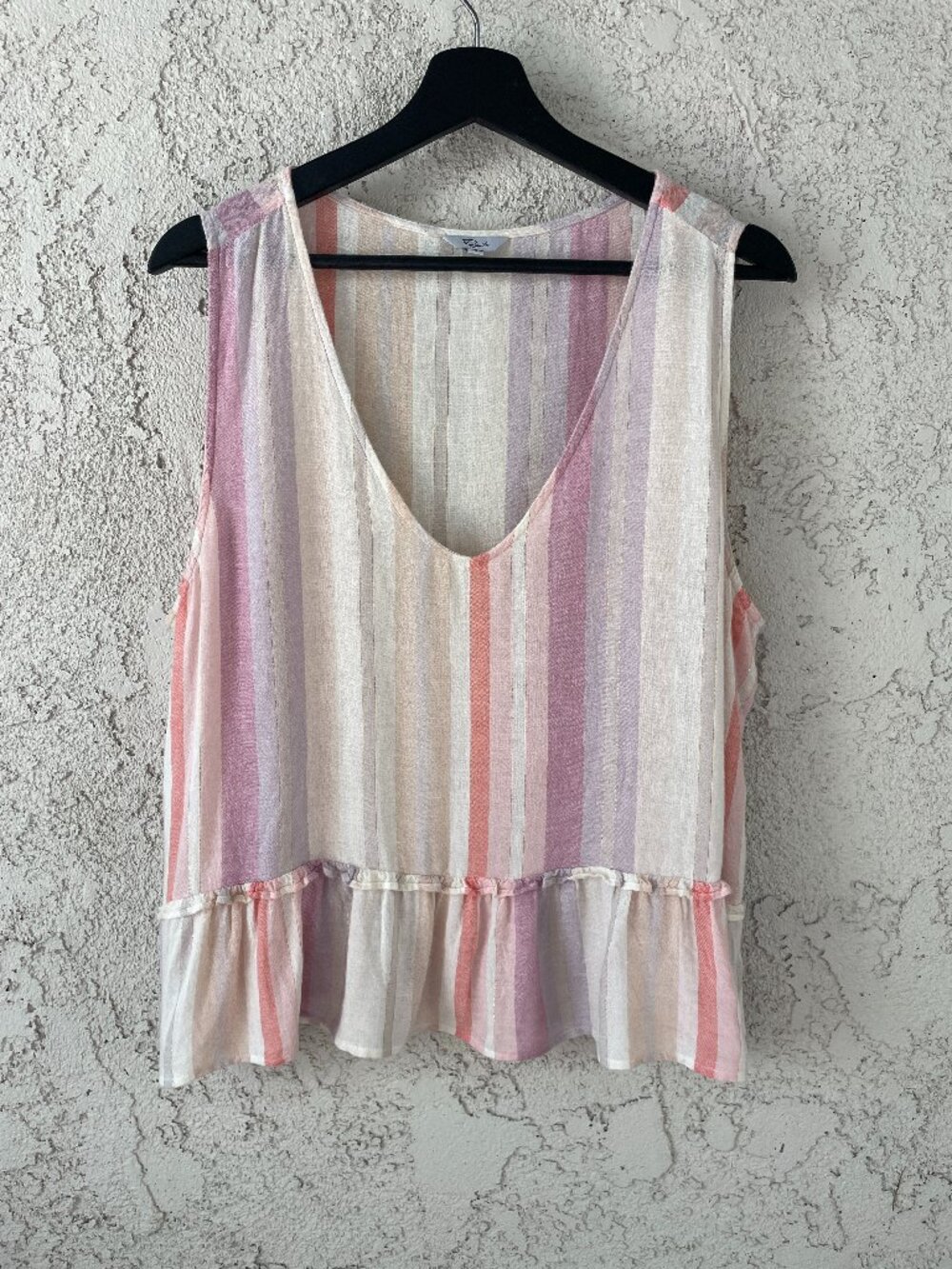 Rails Mira Tank Top Women's Large Pastel Striped Metallic Linen Blend Ruffle Hem